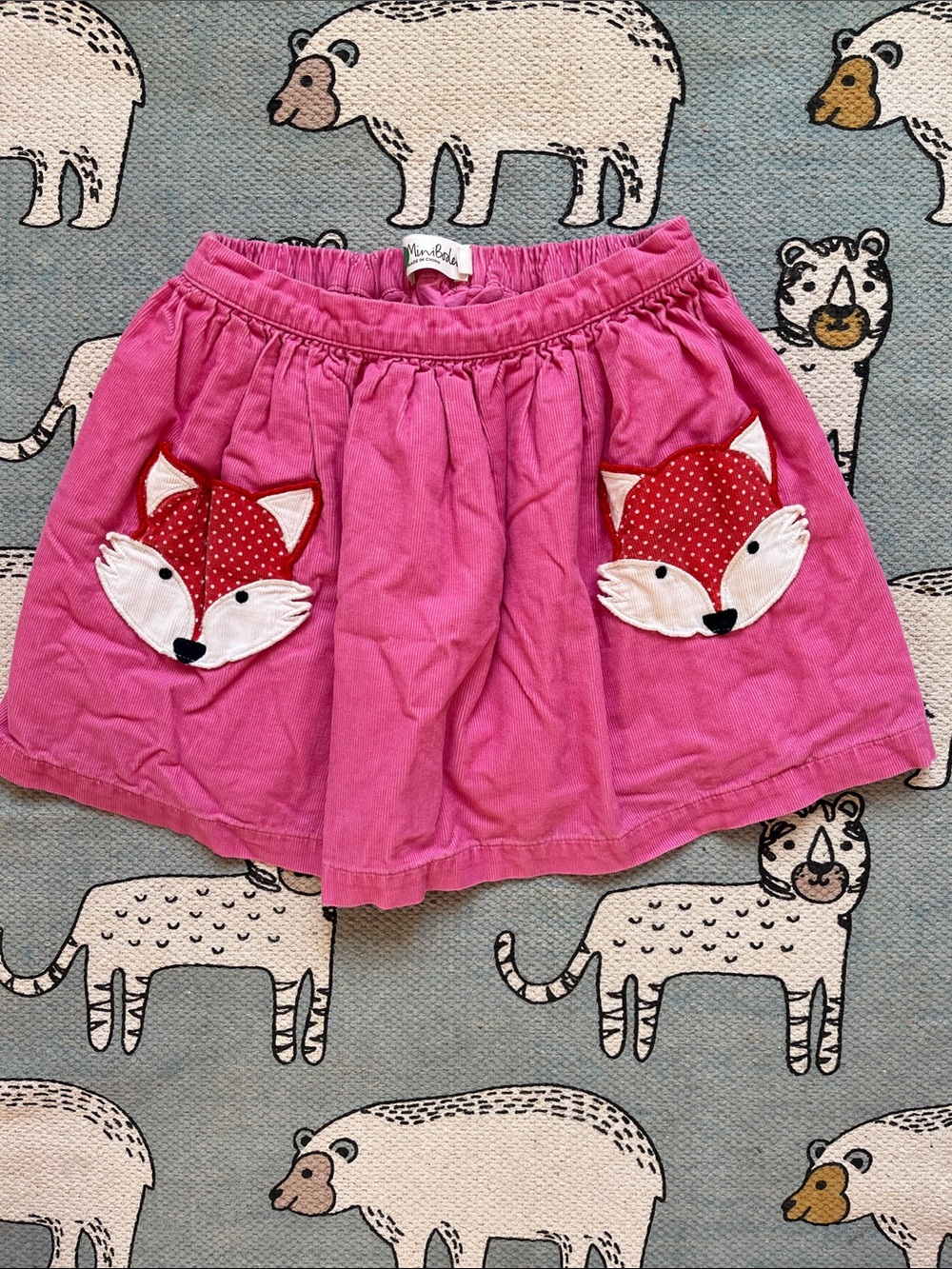 Mini Boden Bright Pink Corduroy Skirt with Fox Appliqués
